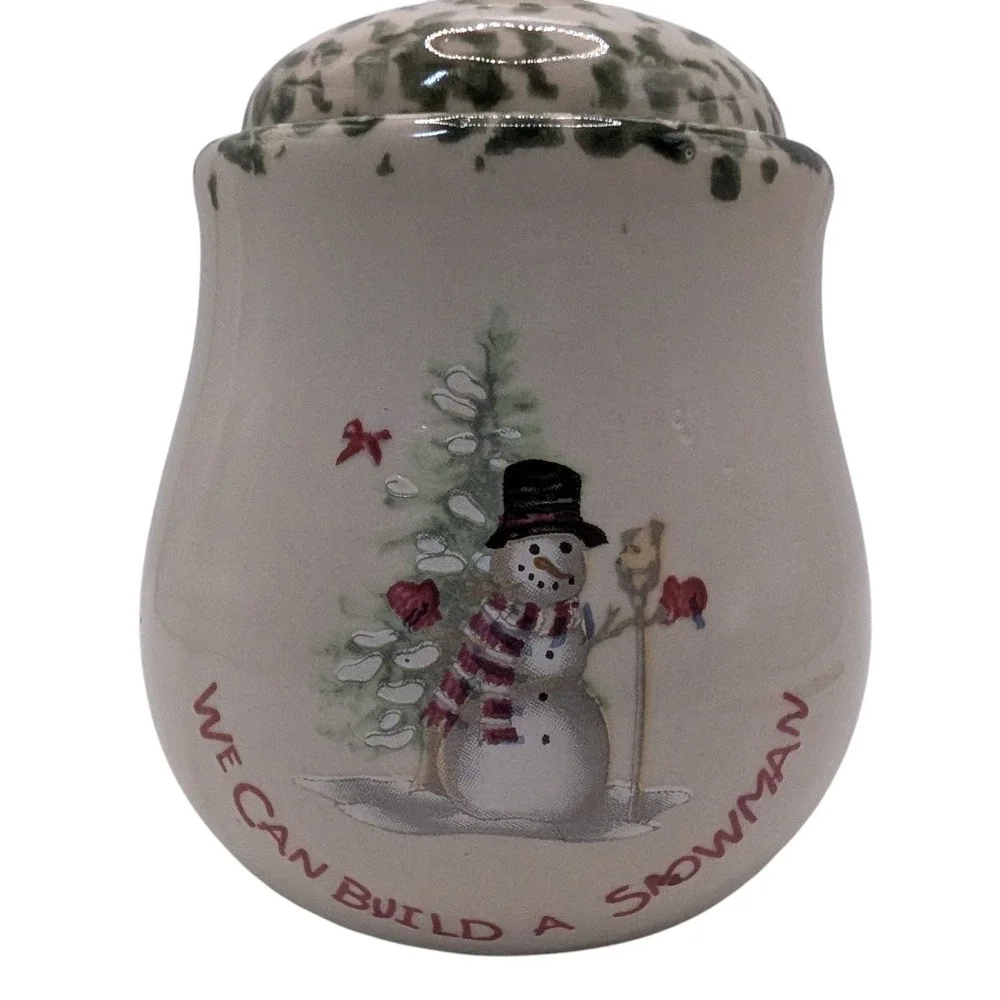 Vintage Sugar Bowl‎ with Lid We Can Build a Snowman Green Sponge Painting SEE